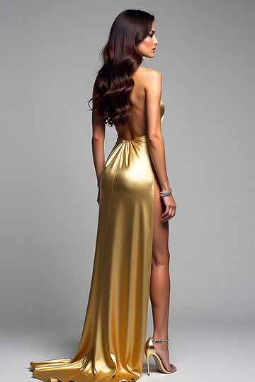 Robe longue de bal dos nu fourreau doré avec fente